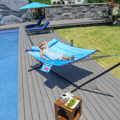 Vista 8 de Lazy Daze Hammocks Hamaca de tela acolchada de 12 pies con barra separadora de aluminio curvada, hamaca doble exterior con almohada suave, bolsillo