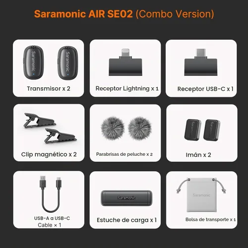 Vista 9 de Saramonic Micrófono inalámbrico Air SE para iPhone y Android, receptor dual (USB-C + Lightning), cancelación de ruido AI, 48 kHz/24 bits