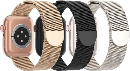 Vista 8 de Paquete de 3 correas de malla metálica compatibles con Apple Watch de 1.496 in 1.575 in 1.614 in 1.654 in 1.732 in 1.772 in 1.811 in 1.929 in