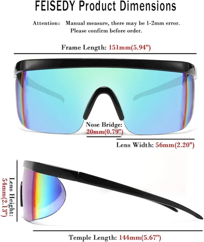 Vista 5 de FEISEDY Gafas de sol deportivas de los años 80 con escudo de espejo de gran tamaño gafas de esquí con parte superior plana visera futurista