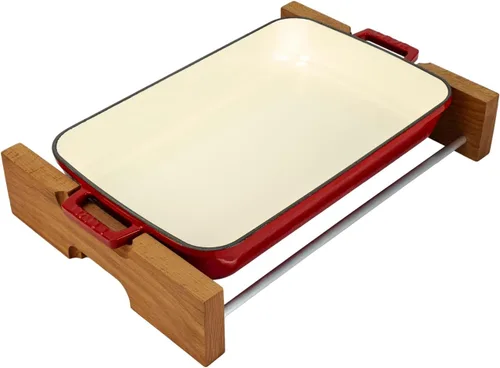 Vista 7 de Lava Cast Iron Sartén para lasaña, tres capas de hierro fundido esmaltado, bandeja para hornear con soporte de servicio, plato rectangular apto