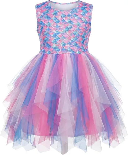 Vista 11 de VIKITA Vestido tutú para niñas pequeñas, falda de princesa de tul de sirena, traje de fiesta de cumpleaños de verano para niñas pequeñas de 3 a 8