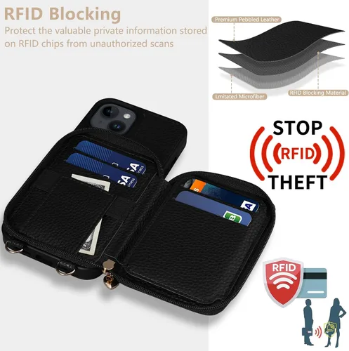 Vista 3 de Funda compatible con iPhone 15 de 6.1 pulgadas, cremallera cruzada con ranuras para tarjetas de bloqueo RFID, soporte, cordón y correa de mano
