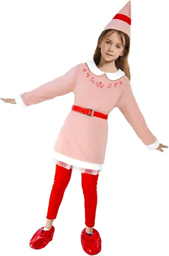 Vista 3 de RTOPDS Disfraz de elfo para niños y niñas, traje de elfo rosa con sombrero para Halloween, Navidad, fiestas de disfraces y cosplay