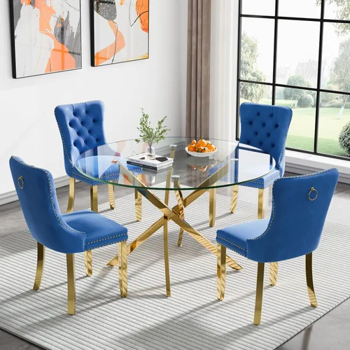 Vista 124 de Juego de mesa de comedor SSLine moderno de 3 piezas con mesa redonda de vidrio para 2, lujosa mesa de comedor circular de 36" con tapa de vidrio