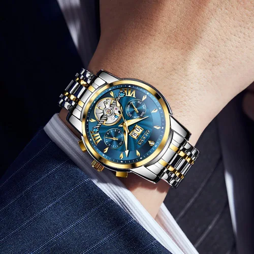 Vista 3 de OLEVS Relojes automáticos de acero inoxidable luminoso de lujo con esqueleto para hombre