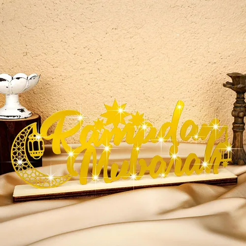 Vista 2 de Landhoow Letrero de Eid Mubarak para decoración de mesa de Ramadán de 12.99 x 4.72 pulgadas, letrero de Ramadán Kareem, decoración de letras