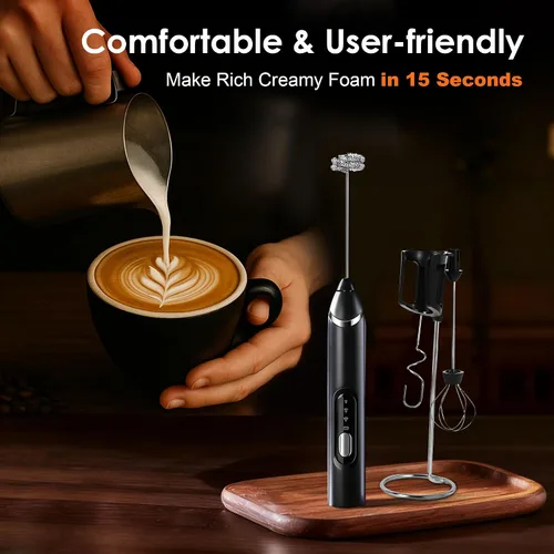 Vista 6 de Espumador de leche de mano con soporte, varita espumadora de café recargable con 3 cabezales desmontables de acero inoxidable, mezclador eléctrico