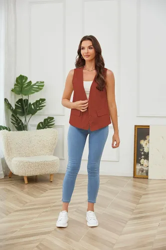 Vista 8 de YWS - Chalecos de moda para mujer, casual, sin mangas, con cuello en V, chaleco de lino y algodón