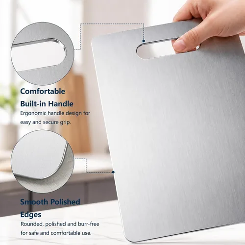 Vista 4 de Tabla de cortar, 3 piezas, tablas de cortar de acero inoxidable 304 de doble cara para cocina, aptas para lavavajillas, no tóxicas, tablas de cortar