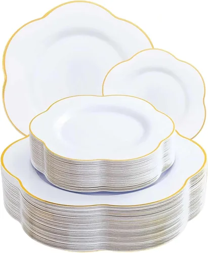 Vista 8 de Liacere 100 platos cuadrados de plástico blanco y plateado, 50 platos de cena blancos resistentes de 9.5 pulgadas y 50 platos de postre de 6 Blanco