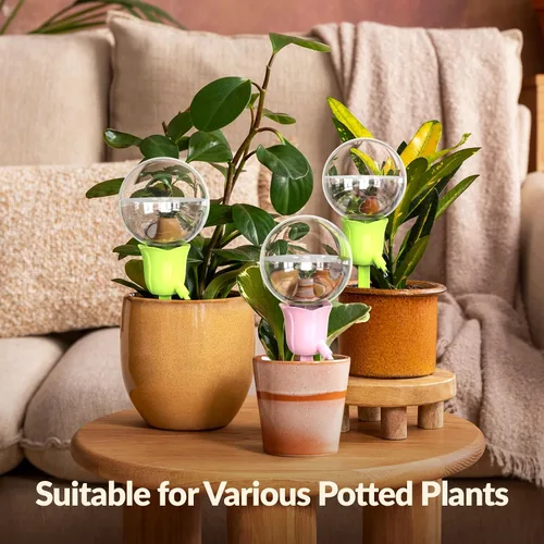 Vista 7 de NiHome 2 piezas de globos de riego automático para plantas de interior y exterior, bombillas de riego por goteo automático ajustables con estacas