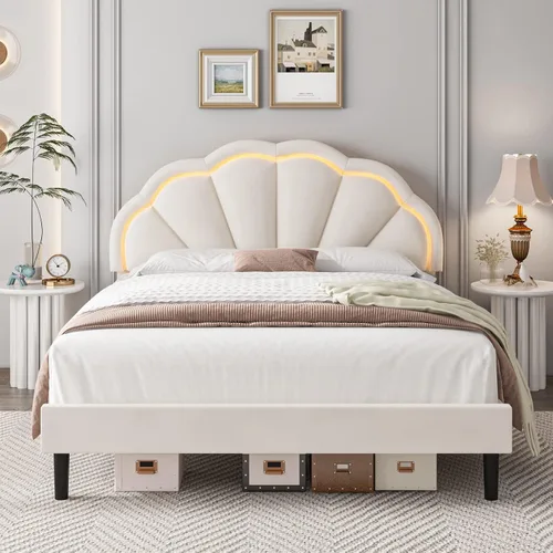 Vista 8 de Base de cama LED tapizada individual para niñas con cabecero de pétalos ajustable, color beige