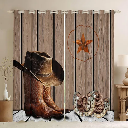 Vista 18 de Cortinas de ventana de herradura con estrellas de Texas, cortinas de granero de madera rústicas occidentales, 38 pulgadas de ancho x 45 pulgadas