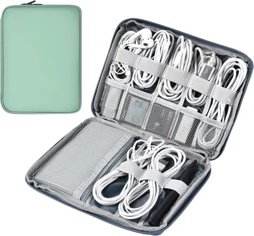 Vista 13 de Organizador de cables de cuero para viaje, impermeable, organizador de cables de viaje, portátil, organizador técnico, estuche de viaje para Verde