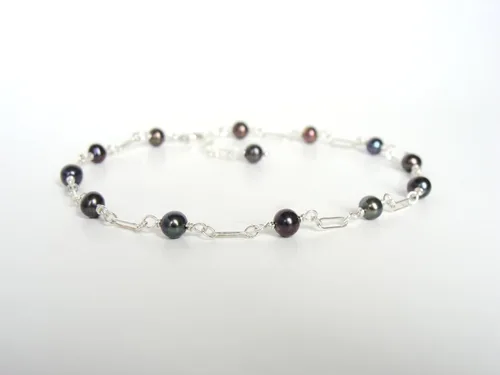 Vista 2 de Genuine Black Pearl Sterling Silver Anklet: handmade, dainty, adjustable length 9-10 inches