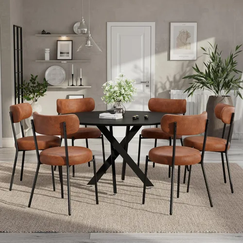 Vista 26 de Moderno juego de mesa de comedor redonda de 3 piezas, mesa de MDF circular negra y 2 sillas de comedor negras Boucle, muebles de cocina con marco