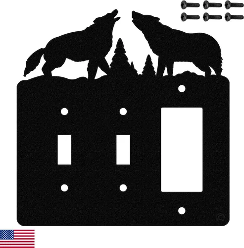 Vista 12 de Interruptor de luz de palanca Howling Wolves y placa de pared dúplex individual (palanca individual con potencia, negro) - Fabricado en Estados