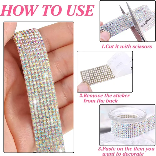 Vista 4 de 6 rollos de cinta de diamantes de imitación autoadhesiva con diamantes de imitación de 0.079 pulgadas (0.079 in) para manualidades, decoración de AB