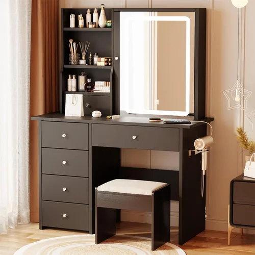 Vista 7 de Mesa de tocador ALEAVIC con espejo y luces LED, juego de tocador de maquillaje con toma de corriente y taburete, almacenamiento para joyas, mesa