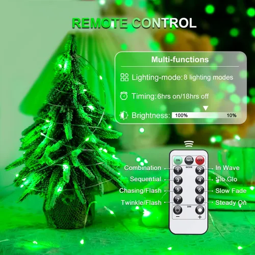 Vista 5 de JMEXSUSS Paquete de 2 Luces de Hadas Verdes a Batería, Total 200 LED 66 pies Luces de Cadena Parpadeantes con Control Remoto, 8 Modos de Luces