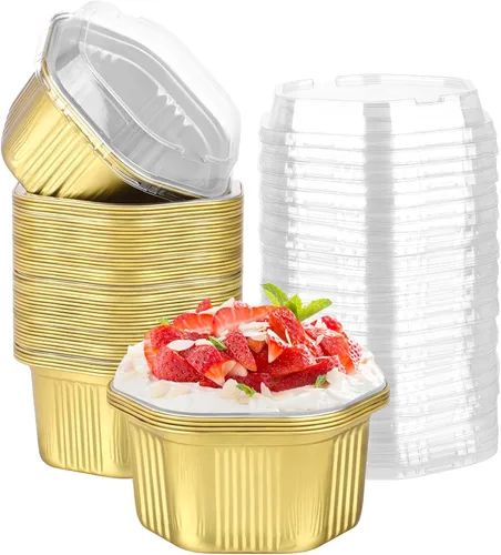 Vista 9 de Beasea Tazas desechables para hornear con tapas, juego de 50 unidades, 13.5 oz 400 ml, ramekins de aluminio con tapa de papel de aluminio, moldes