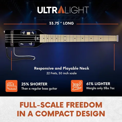 Vista 4 de Traveler Guitar Guitarra Bajo Ultra-Ligera Negro Brillante Guitarra de Bajo de Viaje Pequeña con Apoyo de Regazo Removible Guitarra Portátil sin