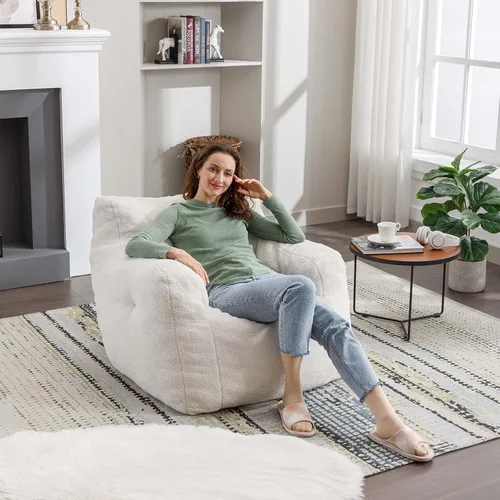 Vista 8 de Antetek Puf para adultos y niños, moderna silla decorativa de tela de peluche ultra suave para sala de estar, dormitorio, apartamento, marfil