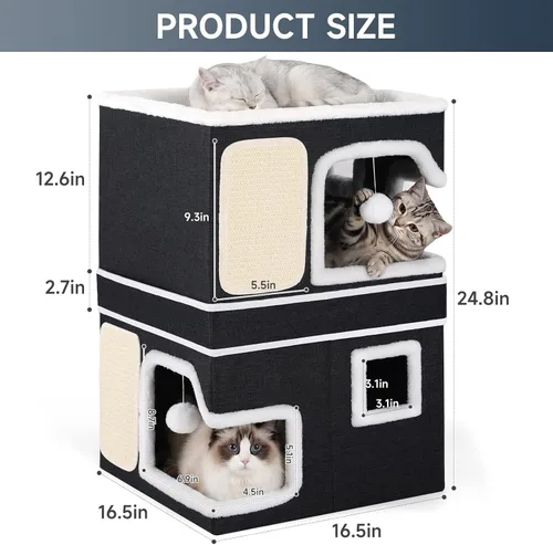 Vista 2 de Camas dobles para gatos de interior, casa para gatos de 2 pisos con grandes y acogedores escondites, cubo cueva de doble propósito con almohadillas