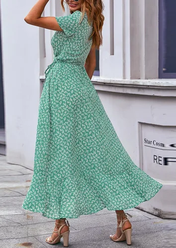 Vista 5 de PRETTYGARDEN - Vestido largo de verano cruzado para mujer, con cuello en V, estilo bohemio, floral, manga corta, dobladillo con volantes