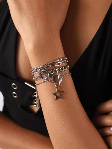 Vista 2 de Sacina Conjunto de pulsera de eslabones de estrella, pulsera gótica Emo Punk Grunge Y2k Plateado