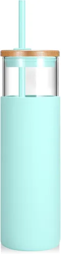 Vista 50 de Tronco Vaso de vidrio de 28 onzas con tapas y pajilla, taza reutilizable para café helado y vaso para batidos con tapa de bambú, funda de silicona