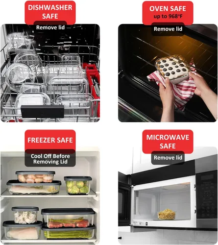 Vista 3 de EATEX Paquete de 6 recipientes de vidrio para preparación de comidas con base ranurada, 6 recipientes de almacenamiento de vidrio apilables sin BPA