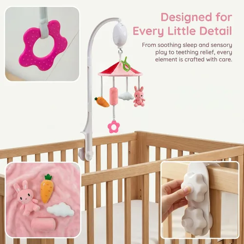 Vista 6 de Cuna móvil de conejo y zanahoria con música, para niños recién nacidos de 0 Rabbit rosa