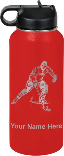 Vista 39 de LaserGram Botella de agua personalizada, jugador de hockey, acero inoxidable de doble pared aislada al vacío con popote superior, regalo grabado