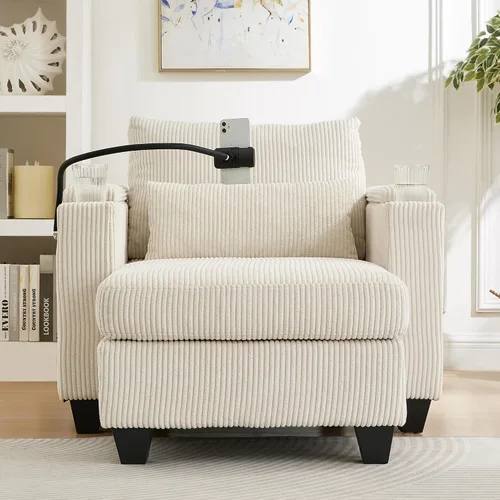 Vista 13 de ERYE Tumbona versátil de 37.4 pulgadas, sofá convertible flexible con brazos de almacenamiento, puertos USB y portavasos, tumbona reclinable