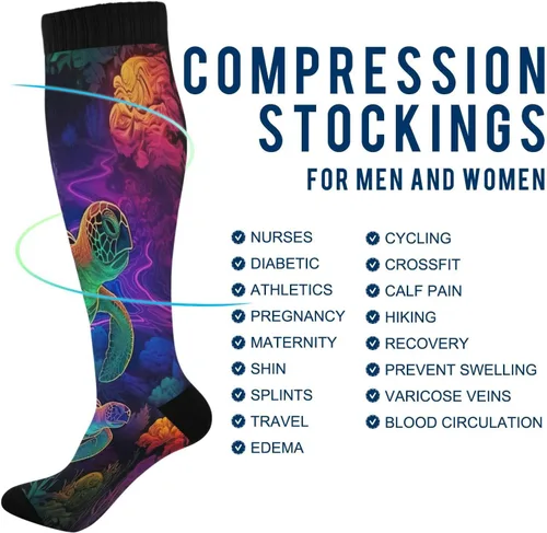 Vista 4 de xigua Misteriosos calcetines de compresión de tortuga pintada para mujeres y hombres, medias altas de circulación hasta la rodilla para correr