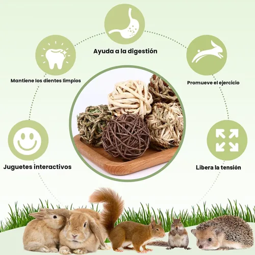 Vista 4 de VESPRO Bolas de Hierba Masticable para Conejos, (8 Piezas) Juguetes Masticables Rodantes para Animales Pequeños, Juguetes Naturales de Hierba