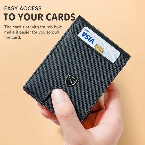 Vista 5 de GSOIAX Cartera delgada para hombre, con bloqueo RFID, billetera plegable de fibra de carbono, bolsillo frontal, con 11 tarjeteros, cartera