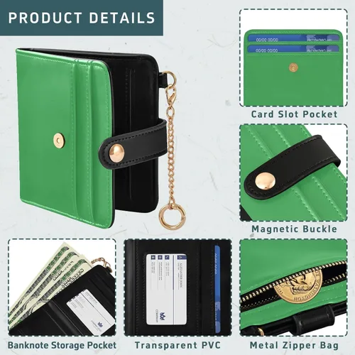 Vista 5 de Irish Green Slim Wallet for Women RFID Blocking Bifold Card Holder with Zipper Coin Pocket, ID Window