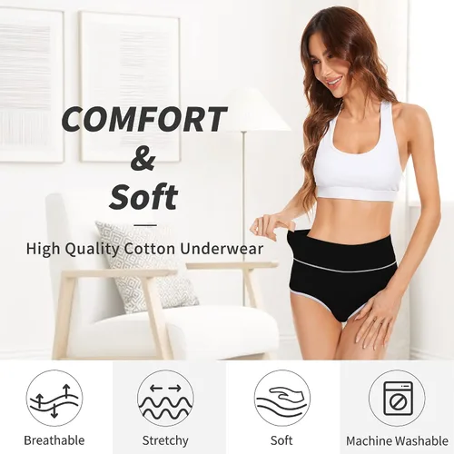 Vista 2 de Migbean Ropa interior de algodón para mujer, de cintura alta, calzones elásticos, paquete múltiple