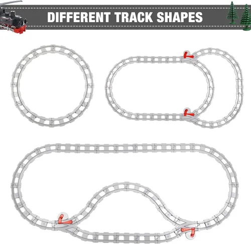 Vista 5 de Mannidoo 32 piezas de pistas de tren, pista de ferrocarril clásica con 20 pistas curvas, 10 pistas rectas y 2 pistas de cambio - Compatible