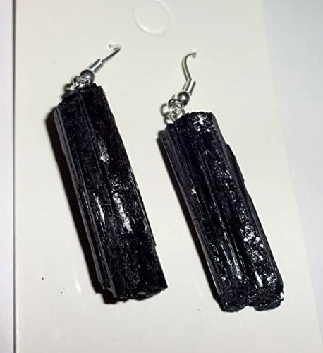 Vista 7 de 1 par de pendientes de piedras preciosas curativas de cristal natural de turmalina negra cruda, Metal