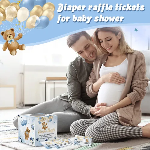 Vista 3 de skuhyyg 50 boletos para rifas de pañales con caja de juego para baby shower, oso azul, oso rosa, letrero de sorteo de pañales, con texto en inglés