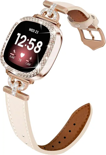 Vista 3 de Correa de cuero compatible con Fitbit Sense 2/Versa 4 para mujeres, elegante correa de cuero con hebilla metálica en forma de D con strass con funda