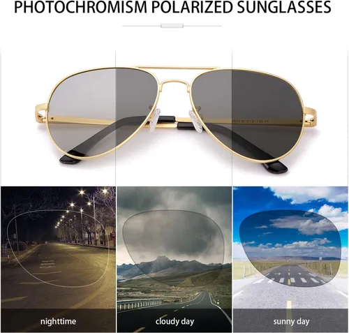 Vista 4 de Gafas de sol fotocrómicas polarizadas para hombre, gafas de sol deportivas de aviador, protección UV 400 con marco de metal grande