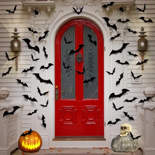 Vista 4 de LUDILO 120 piezas de decoraciones de murciélagos de Halloween, decoraciones de pared de Halloween, calcomanías de pared de PVC 3D, calcomanías