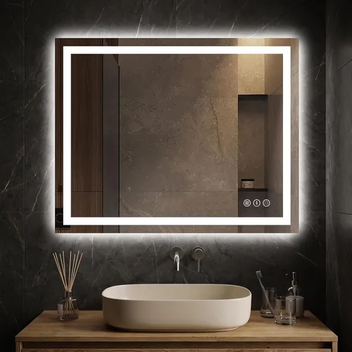 Vista 12 de Espejo de baño LED de 24x32'' con luz, marco de aluminio, regulable frontal y retroiluminado, antivaho, sin distorsión, memoria de luz, templado e