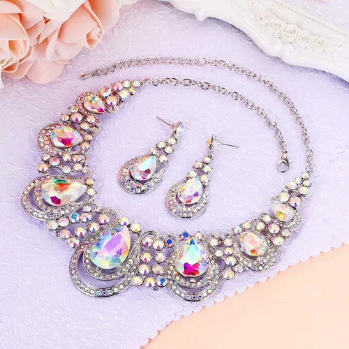 Vista 3 de BriLove Conjunto de collar y aretes con forma de lágrima de cristal para mujer