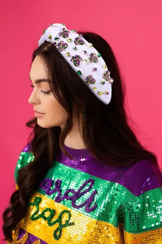 Vista 2 de PHALIN Diadema de Mardi Gras para mujer, accesorios de carnaval de Mardi Gras, corona de flor de lis, diadema con diamantes de imitación y perlas